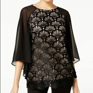 Alfani Women’s Black Blouse Top Nude Lace Size 6 Petite 6P flowy 3/4 sleeve NWT